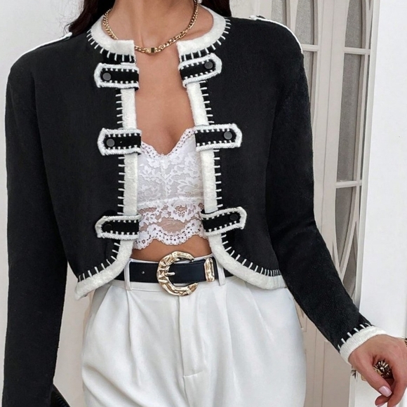 Black Casual Womens Contrast Trim Open Front Cardigan - Picture 5 of 6